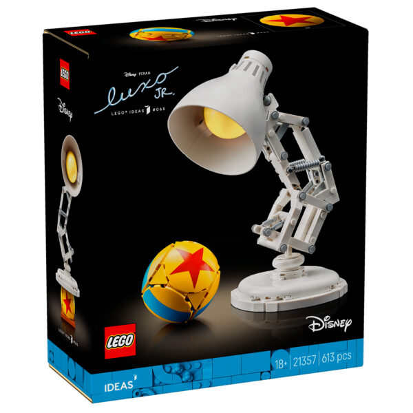 Lampe de bureau LEGO Disney Pixar Luxo Jr. avec bras articulés, lampe à LED et ballon étoilé, kit de construction pour niveaux avancés, parfait pour collectionneurs et fans de LEGO et Disney.