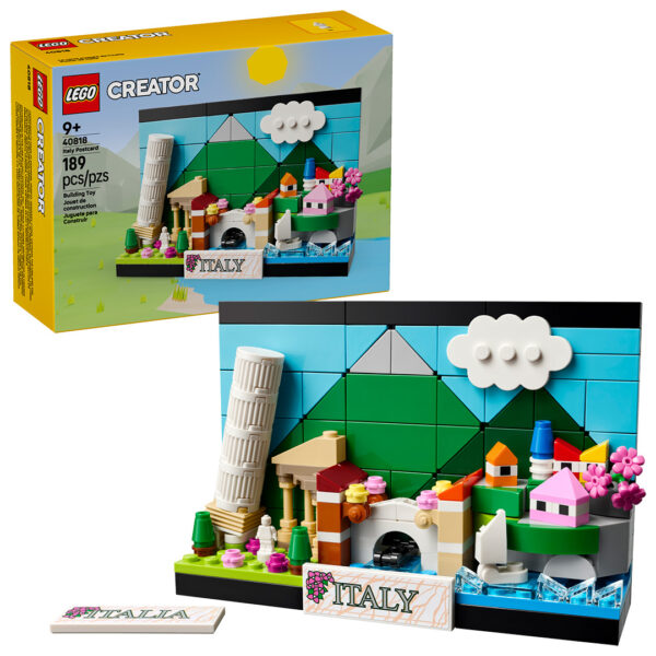 Lego Creator Italie Postcard, set de construction en briques pour créer un paysage italien coloré avec monuments, fleurs et lac. Idéal pour les fans de LEGO et la décoration de bureau ou chambre.