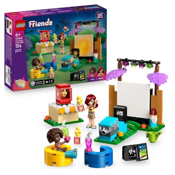 Lego Friends Set "Nuit de cinéma entre amis" avec figurines, écran, projectionniste, popcorn, boissons et accessoires pour créer une expérience de cinéma amusante et conviviale.
