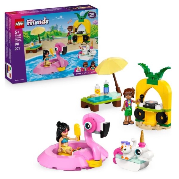 Pink flamingo pool toy with children LEGO Friends set, outdoor summer scene with mini-figures, floating animals, and accessories, perfect for kids aged 5 and up, colorful and imaginative play.