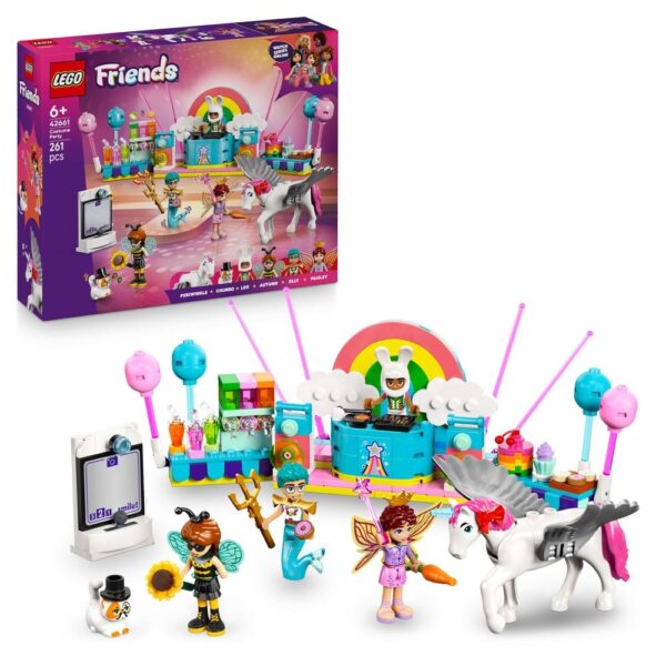 Lego Friends fête avec un set de poupées et accessoires colorés, parfait pour stimuler l'imagination et la créativité des enfants, avec un décor de scène musicale et animaux mignons.
