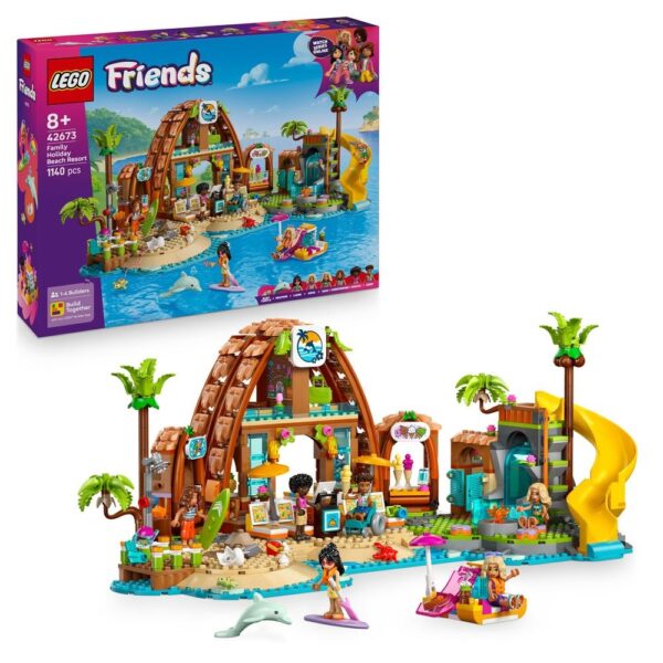 Lego Friends Jeu de construction plage et vacances avec figurines et accessoires, pour enfants à partir de 8 ans. Parfait pour créer une scène de vacances relaxante avec toboggan, animaux marins et plage tropicale.