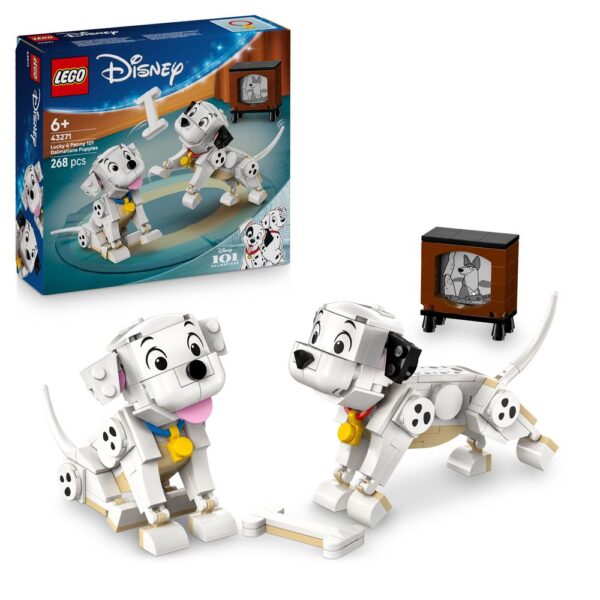 Lego Disney Dalmatian Puppies set, construction kit with 268 pièces, featuring Lucky & Penny, idéal pour enfants de 6 ans et plus, pour créer des adorables chiots en briques Lego, parfait pour collections Disney et Lego.