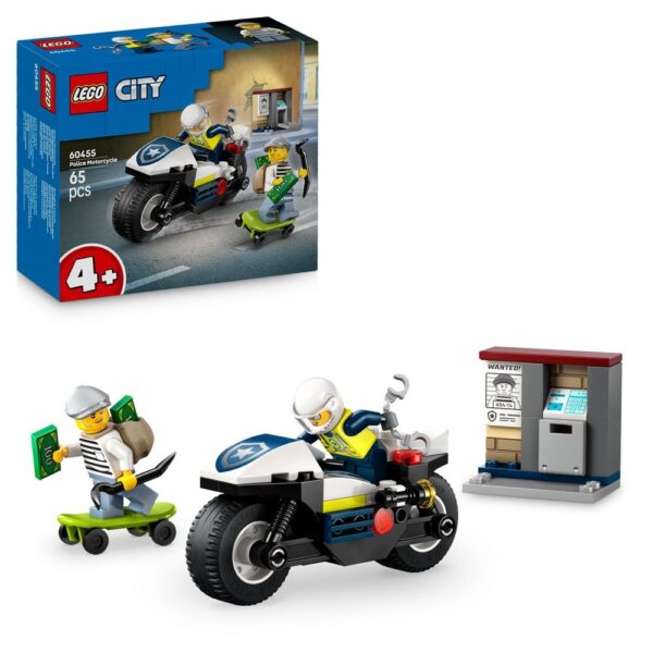 Policier jouant avec une moto et un skateboard LEGO City, ensemble de LEGO Police Motorcycle, jouet de construction pour enfants de 4 ans et plus.