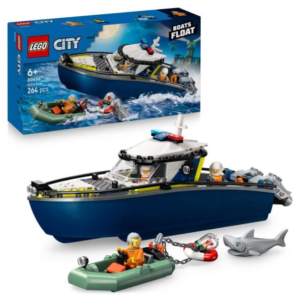 Boîte de construction Lego City bateau de police avec figurines pour enfants à partir de 6 ans, ensemble de 264 pièces pour jeux de rôle nautiques et aventures.