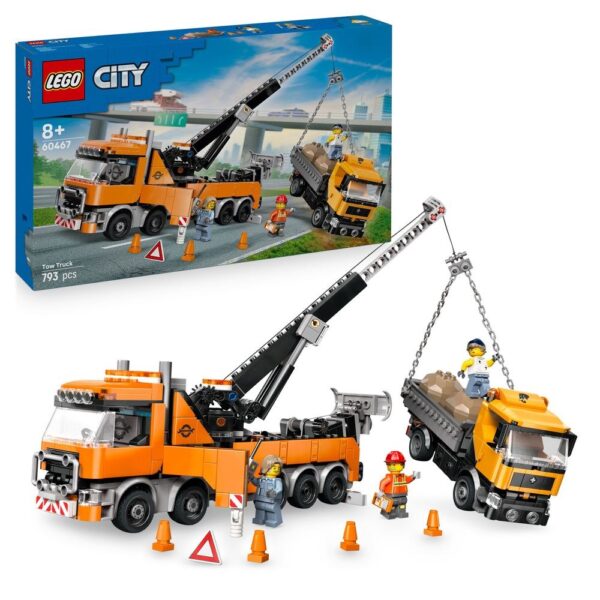Échelle de grue Lego La ville pour jeunes constructeurs, jeu de construction avec camion à remorque Orange et figurines de métiers, idéal pour développer la créativité et les compétences en ingénierie.