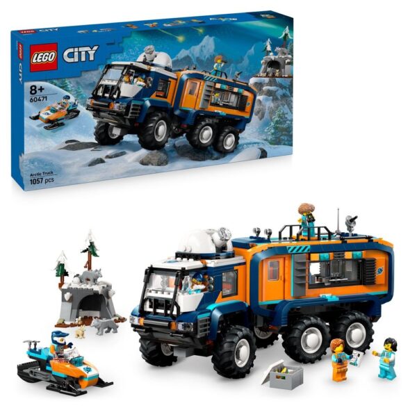 Arctique camion Lego City, construit avec des briques de construction pour enfants, idéal pour l'apprentissage et le jeu créatif dans un environnement polaire.