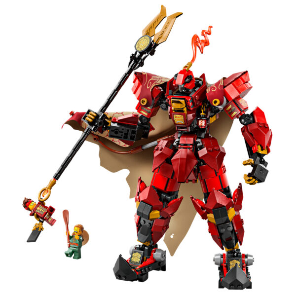 Figurine LEGO mécanique rouge avec cape et lanceur, construite avec des briques LEGO pour collectionneurs, modèle détaillé et impressionnant.