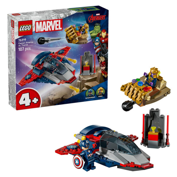 - Mini set LEGO Marvel Avengers avec Capitaine America et Thanos, figurines et véhicule de combat, idéal pour enfants à partir de 4 ans, 107 pièces.