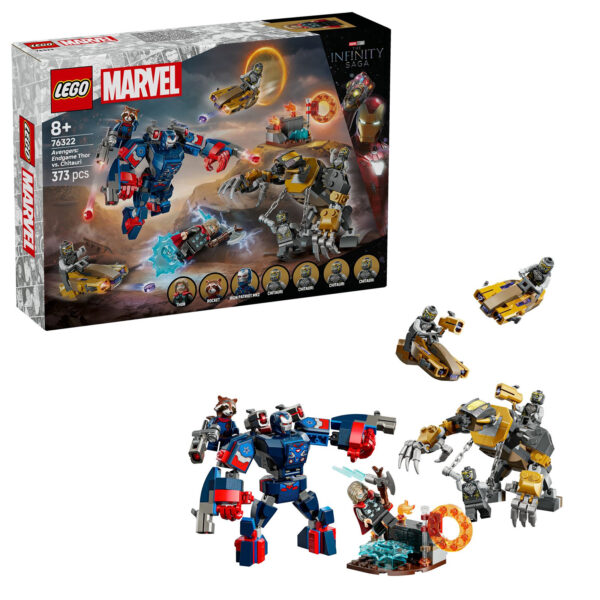 LEGO Marvel Avengers Endgame Thor vs. Chitauri set, figurines de super-héros et véhicule de combat, idéal pour les fans de construction et de l'univers Marvel.