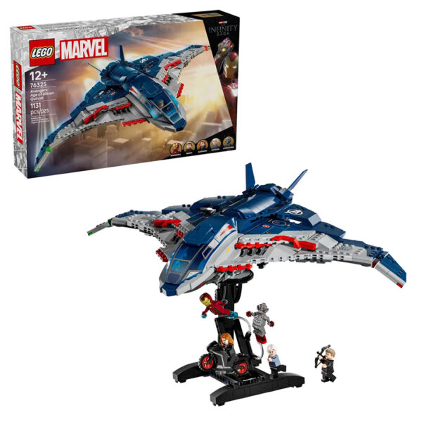 Aéronef LEGO Marvel avengers avec figurines, détails de construction, parfait pour collectionner ou jouer, déployé sur un support avec décor interactif, idéal pour les fans de super-héros.