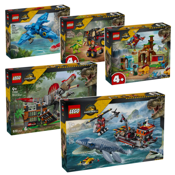 Novos lançamentos LEGO Jurassic World 2026: também haverá conjuntos para crianças.